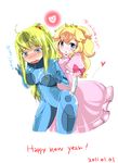  2011 2girls artist_request blonde_hair blue_eyes blush breasts dated heart large_breasts mario_(series) metroid multiple_girls new_year nintendo princess_peach samus_aran super_mario_bros. super_smash_bros. tears yukimimi yuri zero_suit 