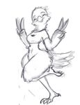  2019 anthro avian beak bird black_and_white bluedouble bottomless clothed clothing crop_top double_v_sign eyes_closed feather_hands feathers female logo monochrome on_one_leg shirt simple_background sketch standing tail_feathers talons toe_claw tweetfur twitter v_sign white_background 
