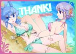  bikini blue_eyes blue_hair blush breasts hair_up inuinui kaku_seiga kumoi_ichirin lying medium_breasts multiple_girls on_back open_mouth purple_hair short_hair smile swimsuit touhou 