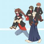  4boys bad_id bad_pixiv_id barefoot bow carrying inohara_masato japanese_clothes lifting little_busters! miyazawa_kengo multiple_boys naoe_riki natsume_kyousuke natsume_rin pink_bow school_uniform shacttainw shoulder_carry 