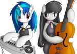  anthrofied black_hair breasts cello cleavage clothed clothing dress duo equine female friendship_is_magic hair horn horse jewelry long_hair mammal musical_instrument my_little_pony octavia_(mlp) pony purple_eyes red_eyes synthesizer tg-0 two_tone_hair unicorn vinyl_scratch_(mlp) 