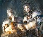 1girl armor bob_cut book bookshelf candle character_request copyright_request dutch_angle earrings from_below green_eyes jewelry library ring scroll silver_hair usuda_hiro watermark 
