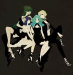  aqua_hair bishoujo_senshi_sailor_moon black_background black_dress blonde_hair blue_hair closed_eyes dress earrings elbow_gloves formal full_body gloves green_hair hair_ornament half_updo hand_on_shoulder high_heels jewelry kaiou_michiru leggings long_hair maru_(memoriatechnica) meiou_setsuna multiple_girls outer_senshi shoes short_hair simple_background sitting ten'ou_haruka thigh_strap tomoe_hotaru very_short_hair 