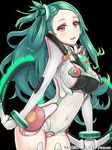  black_background blush bodysuit breasts copyright_name green_hair holding junketsu_duelion kanzaki_mahiru long_hair looking_at_viewer mecha_musume medium_breasts navel official_art open_mouth red_eyes remana simple_background smile solo translated weapon 