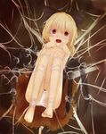  barefoot blonde_hair blush bow bow_panties hair_bow kurodani_yamame navel open_mouth panties red_eyes short_hair silk solo spider_web touhou underwear white_panties yushika 