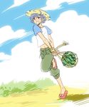  ahoge alternate_costume blue_hair cloud day flip-flops food fruit grass happy hat hato_moa hatoful_kareshi holding kawara_ryouta male_focus navel net official_art open_mouth pants personification red_eyes running sandals shadow shirt sky solo standing standing_on_one_leg straw_hat t-shirt watermelon 