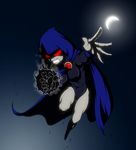  1girl angry cloak dc_comics female fighting_stance flying hood leotard moon night raven_(dc) red_eyes solo sugurusato tak-u_(sugurusato) teen_titans 