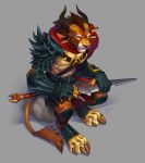  armor charr claws clothed clothing digitigrade feline guild_wars horn kahito_slydeft_(artist) male mammal melee_weapon multi_ear muscular muscular_male red_eyes sitting solo sword tail_tuft topless tuft video_games weapon 