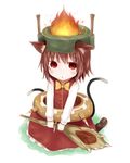  animal_ears bow brown_hair cat_ears cat_tail chen club cosplay crossover fire king_shakalaka king_shakalaka_(cosplay) long_sleeves monster_hunter multiple_tails paws short_hair solo tail touhou weapon white_background yushika 