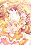  ;d bike_shorts blonde_hair bow bowtie brooch brown_eyes cure_peace hair_flaps jewelry katori_(mocchidou) kise_yayoi long_hair magical_girl one_eye_closed open_mouth orange_shorts precure shorts shorts_under_skirt skirt smile smile_precure! solo v yellow yellow_skirt 