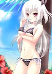  beach bikini blurry day depth_of_field flower food hibiscus highres nyarumi original popsicle red_eyes solo swimsuit two_side_up white_hair 