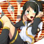  androgynous black_hair command_spell cosplay detached_sleeves fang fate/zero fate_(series) green_eyes green_hair hairband headphones kagamine_len kagamine_len_(cosplay) lowres male_focus marimo_danshaku short_ponytail solo thighhighs vocaloid waver_velvet zoom_layer 
