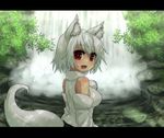  animal_ears bare_shoulders blush breasts detached_sleeves fang hat inubashiri_momiji letterboxed long_sleeves looking_at_viewer looking_back medium_breasts miruki open_mouth pom_pom_(clothes) rainbow red_eyes short_hair solo tail touhou water waterfall white_hair wolf_ears wolf_tail 