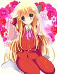  androgynous beads blonde_hair boots flower formal leaf long_hair male_focus neon_ui purple_eyes rose sitting solo suit umineko_no_naku_koro_ni ushiromiya_lion very_long_hair 