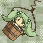  akihiyo blush_stickers bucket character_name green_eyes green_hair hair_bobbles hair_ornament in_bucket in_container kisume long_hair rope smile solo touhou twintails wooden_bucket 