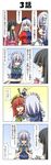  4koma black_hair bow braid brown_eyes closed_eyes comic cross hair_bow hat highres hime_cut hong_meiling houraisan_kaguya izayoi_sakuya knife knife_in_head knifed long_hair long_sleeves maid maid_headdress multiple_girls open_mouth puffy_sleeves rappa_(rappaya) red_cross short_hair short_sleeves silver_eyes silver_hair stabbed stabbing star sweatdrop touhou translated trembling twin_braids very_long_hair weapon yagokoro_eirin 