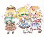 blonde_hair blush bow bucket closed_eyes detached_sleeves fang green_eyes green_hair hair_bobbles hair_bow hair_ornament heart horn hoshiguma_yuugi in_bucket in_container kisume kurodani_yamame long_hair mizuhashi_parsee multiple_girls open_mouth pointy_ears puffy_sleeves scarf short_hair short_sleeves shuiro touhou twintails white_background 