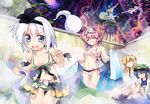  &gt;:) 5girls :d @_@ ^_^ animal_ears bikini blonde_hair blue_eyes blue_hair blush breasts bunny_ears closed_eyes grin hair_bobbles hair_ornament hair_ribbon hat holding izayoi_sakuya kawashiro_nitori kicking kirisame_marisa konpaku_youki konpaku_youki_(ghost) konpaku_youmu konpaku_youmu_(ghost) medium_breasts multiple_girls nanaroku_(fortress76) navel nude onsen open_mouth pink_bikini pink_hair reisen_udongein_inaba ribbon saigyouji_yuyuko school_swimsuit short_hair silver_hair small_breasts smile swimsuit touhou towel triangular_headpiece two_side_up v-shaped_eyebrows water 