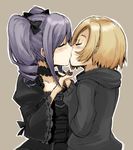  blonde_hair blush bow choker closed_eyes couple drill_hair hair_bow holding_hands idolmaster idolmaster_cinderella_girls interlocked_fingers kanzaki_ranko kiss long_hair multiple_girls ofuro_mantarou purple_hair shirasaka_koume short_hair sweater twintails yuri 