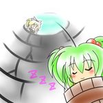  blonde_hair blush bow bucket closed_eyes hair_bobbles hair_bow hair_ornament in_bucket in_container kisume kurodani_yamame multiple_girls open_mouth ruto5102 short_hair sleeping touhou twintails well wooden_bucket 
