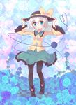  black_legwear blue_eyes blue_flower blue_rose bow closed_eyes flower full_body hands_on_headwear hat hat_bow heart komeiji_koishi long_sleeves miruki pantyhose rose short_hair silver_hair smile solo standing third_eye touhou wide_sleeves 