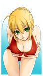  ahoge bare_shoulders bikini blonde_hair braid breast_hold breasts cleavage covered_nipples fate/extra fate_(series) french_braid front-tie_top green_eyes hair_bun large_breasts leaning_forward nero_claudius_(fate) nero_claudius_(fate)_(all) oinu_(free_tippai) red_bikini seductive_smile sideboob smile solo swimsuit thigh_gap 