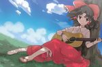  alternate_costume black_eyes black_hair bow bracelet cloud day guitar hair_bow hair_tubes hakurei_reimu instrument inuinui jewelry nail_polish shoes short_sleeves single_shoe sitting sky smile solo touhou tree 