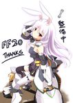  animal_ears armor bare_shoulders boots breastplate bunny bunny_ears can chinese english fatkewell gauntlets greaves long_hair looking_at_viewer looking_back marianne_wagner original purple_hair red_eyes signature simple_background sitting solo thank_you thigh_boots thighhighs very_long_hair white_background white_footwear zettai_ryouiki 
