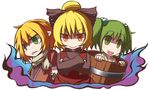  blonde_hair bow bucket clenched_teeth crossed_arms detached_sleeves green_eyes green_hair hair_bobbles hair_bow hair_ornament hakika in_bucket in_container kisume kurodani_yamame long_sleeves mizuhashi_parsee multiple_girls open_mouth pointy_ears ponytail scarf short_hair short_sleeves slit_pupils smile teeth touhou twintails yellow_eyes 