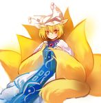  animal_ears blonde_hair dress fox_ears fox_tail hat multiple_tails short_hair smile solo tail touhou yakumo_ran yellow_eyes yutsuka_(amyucca) 