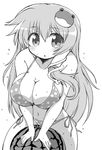  bikini blush breasts food frog_hair_ornament fruit greyscale hair_ornament highres kochiya_sanae large_breasts long_hair monochrome naitou_kouse navel side-tie_bikini solo swimsuit touhou watermelon 