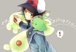  1boy bad_id bad_pixiv_id black_hair gen_5_pokemon hat jacket pokemon pokemon_(creature) pokemon_(game) pokemon_bw reuniclus sable_(sutec) simple_background smile touya_(pokemon) yellow_eyes 