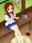  barefoot blush brown_eyes brown_hair fan glass loafers magazine saki school_uniform serafuku shoes sitting solo takei_hisa twintails yuki_otoko 