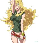  armpits belt blonde_hair bracelet breast_pocket breasts earrings green_eyes hair_over_one_eye hoshii_miki idolmaster idolmaster_(classic) impossible_clothes impossible_shirt jewelry long_hair medium_breasts open_mouth panties pocket shirt short_shorts shorts solo suna underwear white_background 