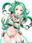  :d blush breasts cleavage copyright_name green_hair hair_ornament hairclip holding junketsu_duelion kanzaki_mahiru long_hair looking_at_viewer mecha_musume medium_breasts navel official_art open_mouth red_eyes remana simple_background smile solo translated white_background 