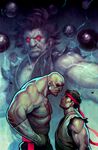  bald bandages black_hair doe eyepatch face-to-face gouki headband japanese_clothes kimono male_focus messy_hair multiple_boys muscle red_eyes ryuu_(street_fighter) sagat scar shirtless short_hair signature street_fighter 