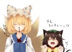  :d ^_^ animal_ears blonde_hair blood bloody_clothes blush bow brown_hair cat_ears cat_tail chen closed_eyes fangs fingernails fox_tail hands_in_opposite_sleeves happy hat jewelry long_sleeves multiple_girls multiple_tails nail_polish nosebleed open_mouth paw_pose sharp_fingernails short_hair simple_background single_earring smile tail touhou white_background wide_sleeves yakumo_ran yushika 