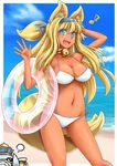  animal_ears beach bikini blonde_hair blue_eyes day innertube kouretsuken_mahiru shinrabanshou solo swimsuit tail urokozuki wolf_ears 