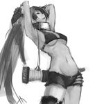  arched_back armpits arms_up bikini_top breasts closed_eyes greyscale highres long_hair medium_breasts monochrome original ponytail riftgarret sheath sheathed short_shorts shorts single_thighhigh solo sword thighhighs underboob very_long_hair weapon 
