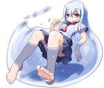  air_bubble bare_legs barefoot beanpaste blue_hair bubble feet food foreshortening original popsicle red_eyes school_uniform serafuku simple_background soles solo toenails toes water wet white_background 