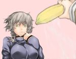  amane_suzuha banana braid breasts brown_hair colored_eyelashes finger_to_mouth food fruit jacket jiete large_breasts lips naughty_face parody short_hair solo steins;gate track_jacket twin_braids yellow_eyes 