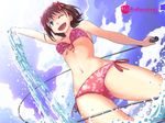  ;d amami_haruka arm_up bare_shoulders bikini blue_sky bow brown_hair cloud day from_below front-tie_top green_eyes hair_bow idolmaster idolmaster_(classic) inu_(aerodog) microphone navel one_eye_closed open_mouth red_bikini ribbon short_hair side-tie_bikini sky smile solo splashing swimsuit water 