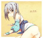  ass bad_id bad_pixiv_id blush brown_eyes detached_sleeves grey_hair japanese_clothes lying miyashita_nano oda_nobuna_no_yabou on_side onmyouji panties short_hair solo takenaka_hanbee_(oda_nobuna_no_yabou) tears twintails underwear 