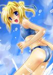  :d ahoge ass bad_id bad_pixiv_id bikini blonde_hair blue_eyes blush from_behind looking_back midriff muramayu open_mouth original ponytail smile solo sports_bikini swimsuit tankini 