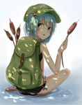  backpack bag bikini blue_eyes blue_hair blush cattail green_eyes hair_bobbles hair_ornament hat kawashiro_nitori looking_back looking_down open_mouth partially_submerged plant short_hair short_twintails side_ponytail sitting solo swimsuit touhou twintails two_side_up water wrench yushika 