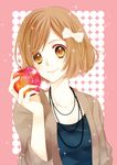  apple bad_id bad_pixiv_id bow brown_eyes brown_hair food fruit hair_bow hair_ornament jewelry kanae_(aab) necklace original short_hair smile solo 