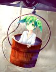  bucket collarbone green_eyes green_hair hair_bobbles hair_ornament in_bucket in_container kisume long_sleeves rope sakura_ani smile solo touhou twintails wooden_bucket 