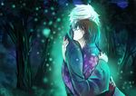  1girl brown_hair couple flower gin_(hotarubi_no_mori_e) hair_ornament hairpin hetero hotarubi_no_mori_e hug japanese_clothes kimono miyuli night short_hair silver_hair smile takegawa_hotaru tree 