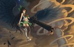  adapted_costume alternate_weapon arm_cannon armor bird_wings black_hair black_legwear black_wings bow cloud explosion feathers hddkwar long_hair mushroom_cloud navel open_mouth red_eyes reiuji_utsuho sleeveless solo star thighhighs third_eye touhou very_long_hair weapon wings 