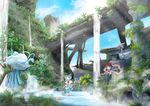  absurdres altaria backpack bag blue_hair cloud day flower food forest frog fruit gen_3_pokemon hat highres hinanawi_tenshi kana_tako long_skirt multiple_girls nagae_iku nature peach pokemon pokemon_(creature) red_eyes ruins scenery short_hair skirt touhou tree water waterfall 